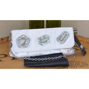 Sergio Feretti White Satin Faux Crystal Diamond Appliqué Clutch Shoulder Handbag